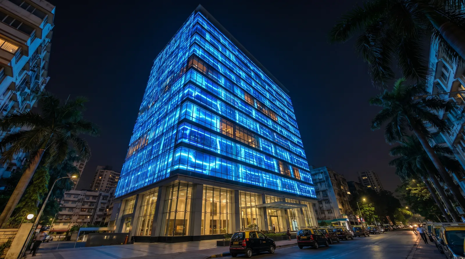 Aspect Global by night — the media façade lit