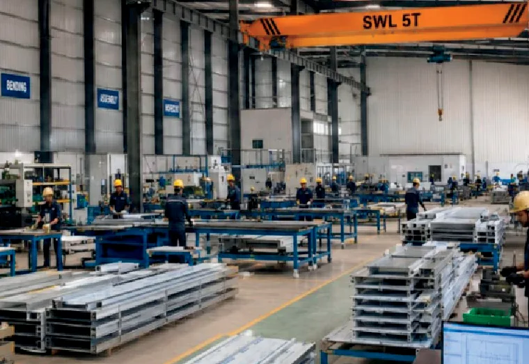 Assembly bays and stacked aluminium profiles under the 5-tonne crane